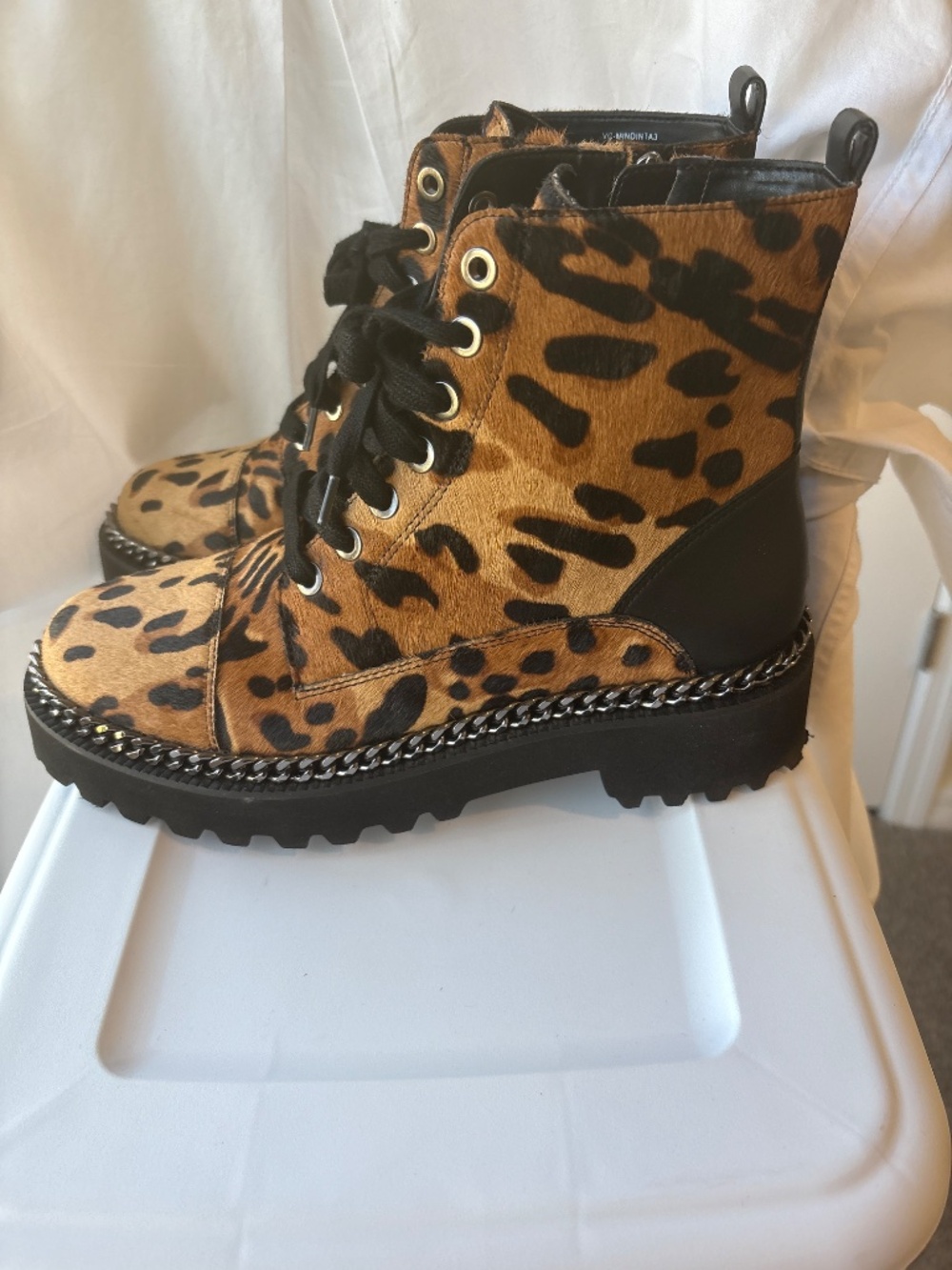 Vince Camuto Calf Skin Animal Print Combat Boots - Picture 2 of 7